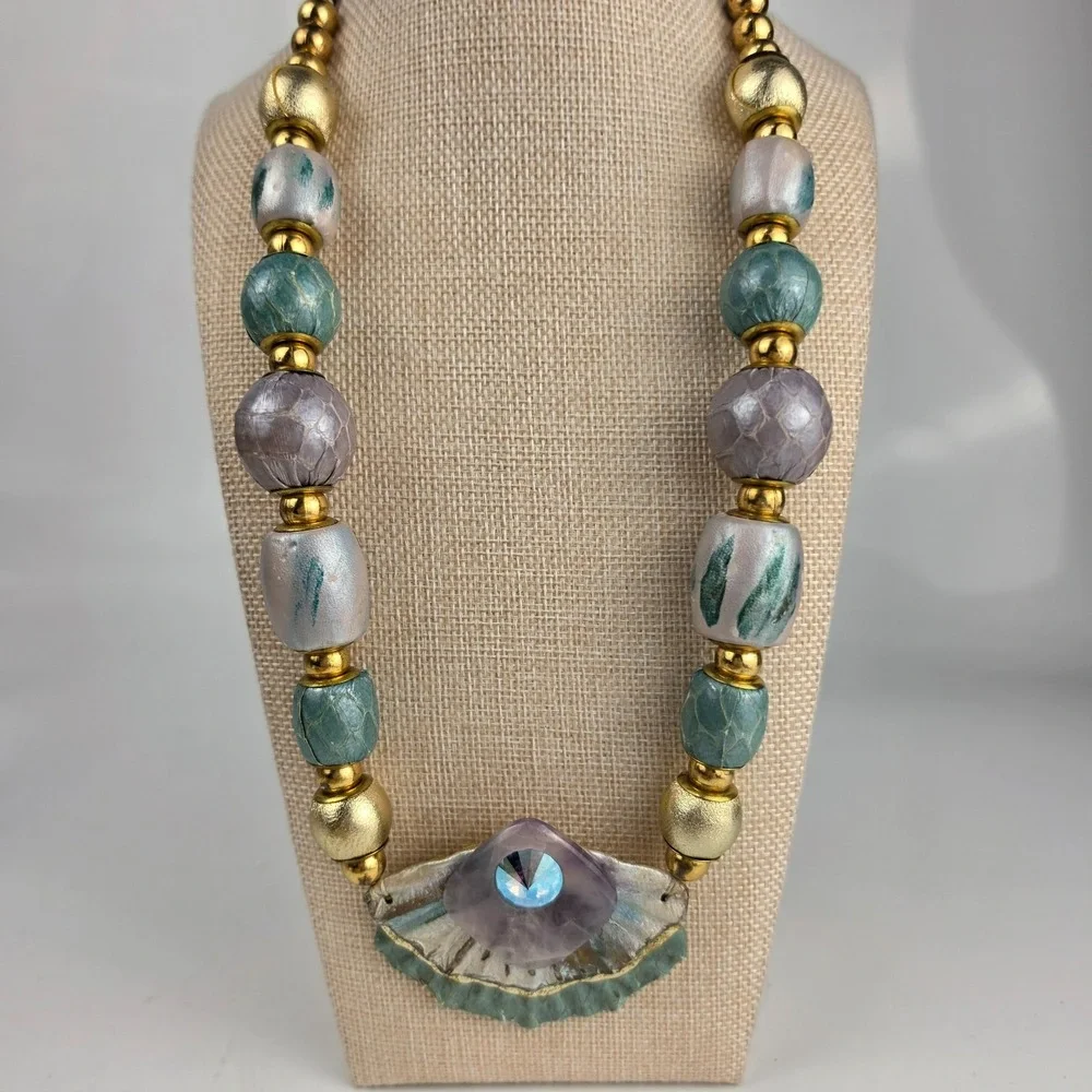Vintage 1990s Chunky Statement‎ Necklace Amethyst Stone Painted Beads Gold Tone